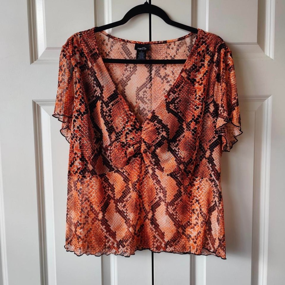 Vintage Y2K Plus Size Rue 21 USA Made Brown Orange Snakeskin Print Mesh Babydoll